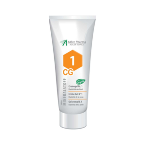 Tube mit Cremegel Nr. 1 für Hautelastizität, vegan, mit orangefarbenem Hexagon-Label und Information zur Anwendung.
