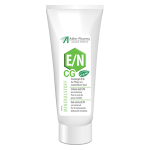 Weißer Tube mit grünem Etikett, Creme-Gel für empfindliche Haut, enthält Mineralstoffe, vegan, 100ml.