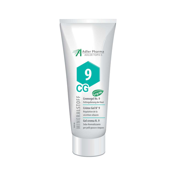 Eine Tube Cremegel Nr. 9 von Adler Pharma zur Fettregulierung der Haut, mit veganem Hinweis und mehreren Sprachversionen.