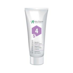 Tube mit mineralstoffhaltiger Salbe Nr. 4 für Hautprobleme, gekennzeichnet mit lila Hexagon und Produktinfos.