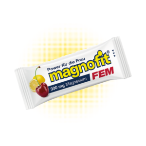 Verpackung mit Magnesium für Frauen, mit Kirsche und Zitrone, enthält 300 mg Magnesium.