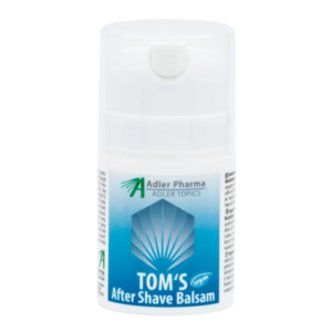Weißer Pumpflakon mit blauer und grauer Etikettierung für TOM'S After Shave Balsam.