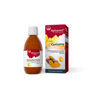 Flasche mit Curcuma Forte von Alpinamed, enthält flüssiges Nahrungsergänzungsmittel, daneben Herstellerverpackung mit Kurkuma-Wurzel.