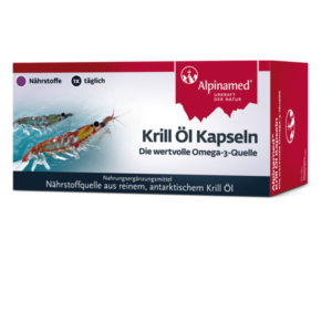 Verpackung von Krill Öl Kapseln mit Hinweis auf omega-3 Quelle und Nährstoffinformation, Illustrationen von Krill, Marke Alpinamed.