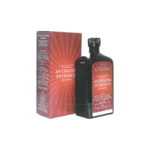 Schwarze Flasche mit rotem Etikett, umgeben von einer roten Verpackung, die "ANCHOZYM PETRASCH alkoholfrei" zeigt.