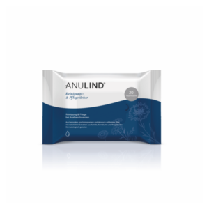 Packung mit Reinigungs- und Pflegefeuchttüchern für Analbeschwerden, dermatologisch getestet, mit Pflanzenextrakten.