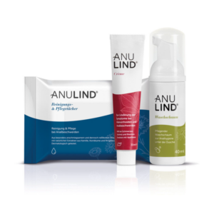 Drei Produkte von ANULIND: Reinigungstücher, Creme zur Linderung von Symptomen und Waschschaum in verschiedenen Behältern.