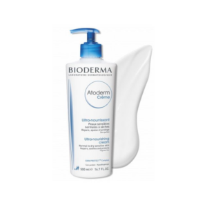 Flasche mit Bioderma Atoderm Creme, reichhaltige Pflege für empfindliche Haut, dosierbar durch Pumpverschluss.