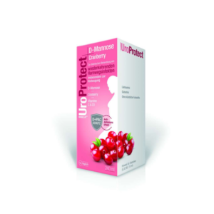Packaging von UroProtect D-Mannose Cranberry zur Vorbeugung von Harnwegsinfekten, mit Markenzeichen und Zutatenangaben.