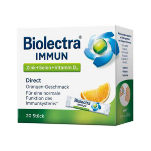Verpackung von Biolectra IMUN mit Zink, Selen und Vitamin D3, Orangen-Geschmack, 20 Sticks, für das Immunsystem.
