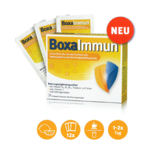 Verpackung von BoxaImmun, einem Nahrungsergänzungsmittel zur Unterstützung des Immunsystems, mit 12 Beuteln Pulver für Zitronengeschmack.