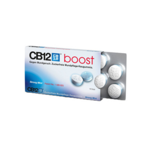 Verpackung von CB12 boost Kauengummis gegen Mundgeruch in starker Minzgeschmack mit 10 Stück in Blister.