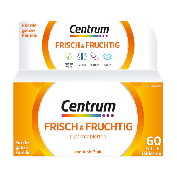 Verpackung von Centrum Frisch & Fruchtig Lutschtabletten mit Angaben zur Nutzung für die ganze Familie und wichtigen Nährstoffen.