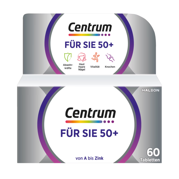 Verpackung von Centrum Für Sie 50+, ein Nahrungsergänzungsmittel mit verschiedenen Gesundheitsnutzen.