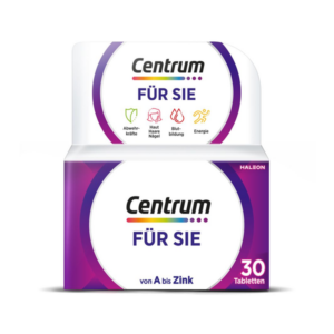 Packung mit Centrum für Sie, enthält 30 Tabletten, betont Abwehrkräfte, Haut, Haare, Nägel und Energie.
