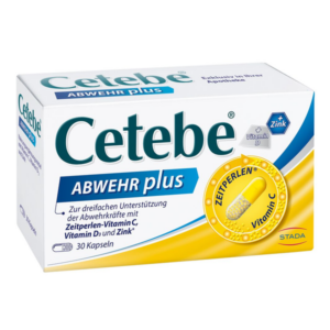 Packung mit Cetebe ABWEHR plus, zur Unterstützung der Abwehrkräfte, enthält Kapseln mit Vitaminen und Zink.