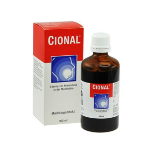 Braune Flasche mit CIONAL Lösung für die Mundhöhle, verpackt in einer roten und weißen Schachtel.