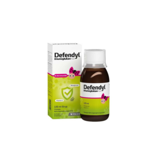 Flasche mit Defendyl Immunoglukansirup, 120 ml, umgeben von einer bunten Verpackung für Kinder und Erwachsene.