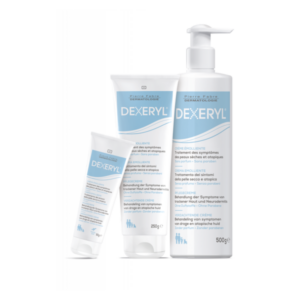 Drei Tuben der Dexeryl-Creme für trockene und atopische Haut in verschiedenen Größen mit blauer Beschriftung.