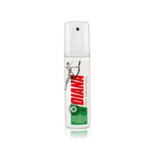 Sprühlotion in einer transparenten Flasche, die den Schriftzug 'Diana mit Menthol' trägt und Mentholwirkung anzeigt.