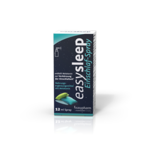Verpackung von easySleep Einschlaf-Spray mit Melatonin, das zur Verkürzung der Einschlafzeit dient.