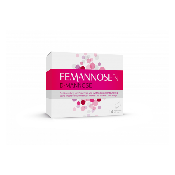 Verpackung von FEMANNOSE D-Mannose zur Behandlung von Zystitis, mit 14 Portionen in einem stabilen Karton.