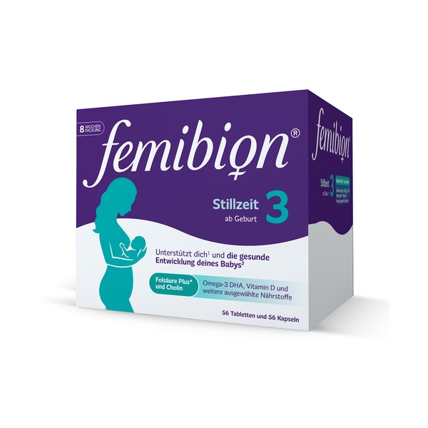 Verpackung von femibion Stillzeit 3, unterstützt die gesunde Entwicklung von Babys mit wichtigen Nährstoffen.