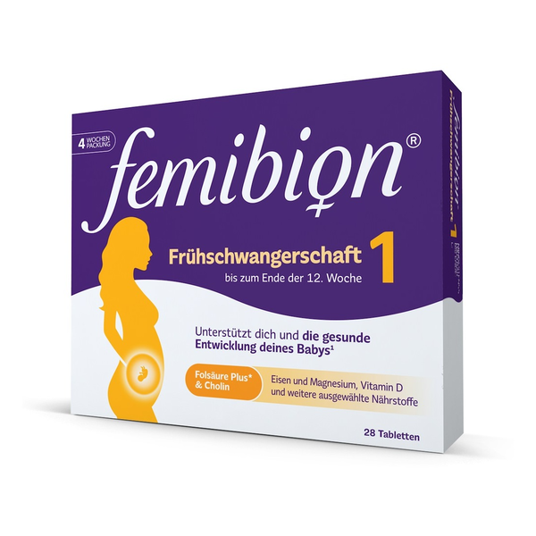 Verpackung von femibion Frühschwangerschaft 1 mit Informationen zur Unterstützung in der frühen Schwangerschaft.