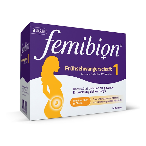 Packung mit Femibion Frühschwangerschaft 1, unterstützt die gesunde Entwicklung während der Schwangerschaft.