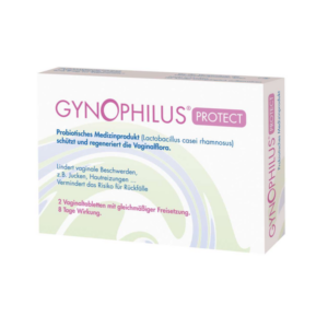 Verpackung des probiotischen Medizinprodukts GYNOPHILUS PROTECT zur Unterstützung der vaginalen Gesundheit.