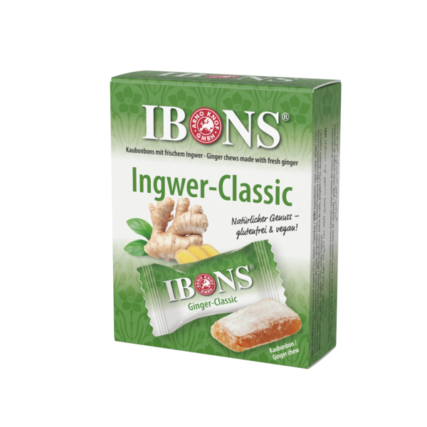 Verpackung der Ingwer-Bonbons mit frischem Ingwer, glutenfrei und vegan, in auffälliger grüner Schachtel.