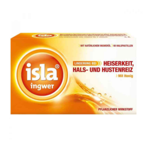 Packung mit 60 Hals– und Hustenpastillen aus Ingwer, bezeichnet mit "Linderung bei Heiserkeit" und "mit Honig".