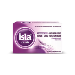 Verpackung von isla cassis Halspastillen mit Johannisbärextrakt und Vitamin C, lila Design.