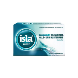 Verpackung von isla mint Halspastillen zur Linderung von Heiserkeit und Hustenreiz, zuckerfrei und mit Pfefferminzöl.
