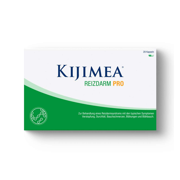 Verpackung von Kijimea Reizdarm Pro, представлен mit einem grünen und weißen Design, 28 Kapseln zur Behandlung von Reizdarmsyndrom-Symptomen.