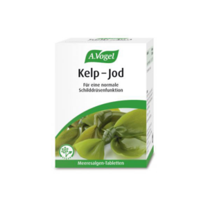 Verpackung von A.Vogel Kelp-Jod Meeresalgen-Tabletten für Schilddrüsenfunktion, mit grünem Design und veganem Symbol.