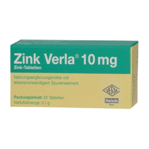 Paket von Zink Verla 10 mg, einem Nahrungsergänzungsmittel in einer gelben und grünen Verpackung.