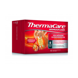 Verpackung von ThermaCare Wärmeauflagen zur Schmerzlinderung, zeigt Anwendung auf Rücken mit Wärmezellen.