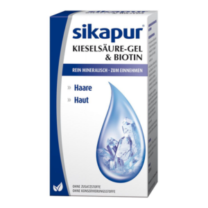 Verpackung von Sikapur Kieselsäure-Gel und Biotin, fördert Haare und Haut, mit kristallähnlichen Illustrationen.