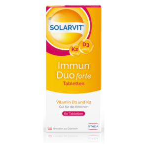 Packung mit 60 Tabletten Vitamin D3 und K2 zur Unterstützung der Knochengesundheit, in leuchtendem Gelb mit Blaufeldern.