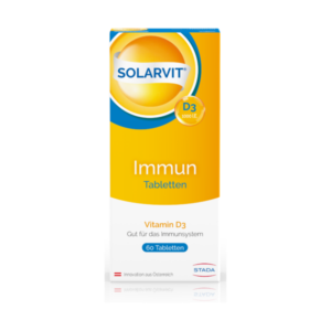 Verpackung von Solarvit Immun, Vitamin D3 Tabletten, 1000 IE, in einer hellen, gelben Box.