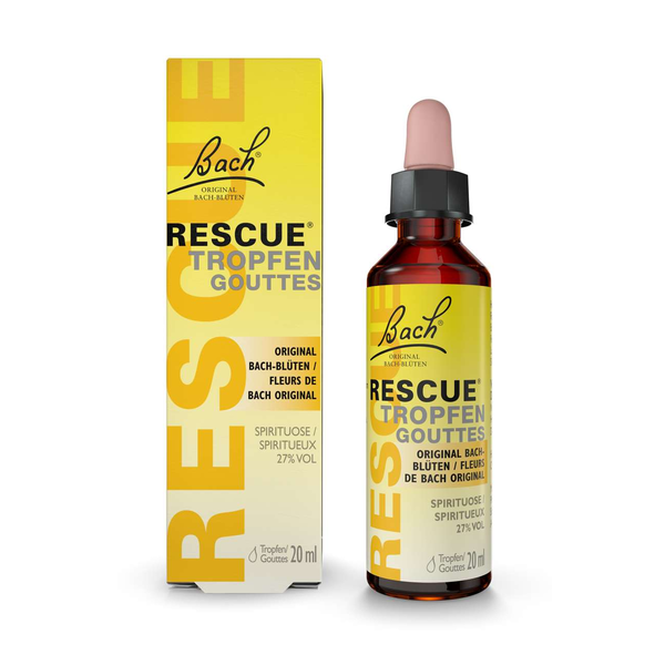 Bach Rescue Tropfen in einer braunen Flasche mit Pipette und gelbem Karton, 20 ml.