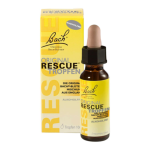 Flasche mit Bach Rescue Tropfen, alkoholfrei, in gelber Verpackung mit klarer Beschriftung.