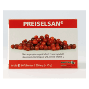 Verpackung von Preiselsan, einem Nahrungsergänzungsmittel mit Cranberryextrakt und Acerola-Vitamin C.