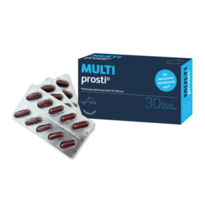 Verpackung von MULTI prosti®, einem Nahrungsergänzungsmittel für Männer, mit Softgel-Kapseln in einer Blisterpackung.