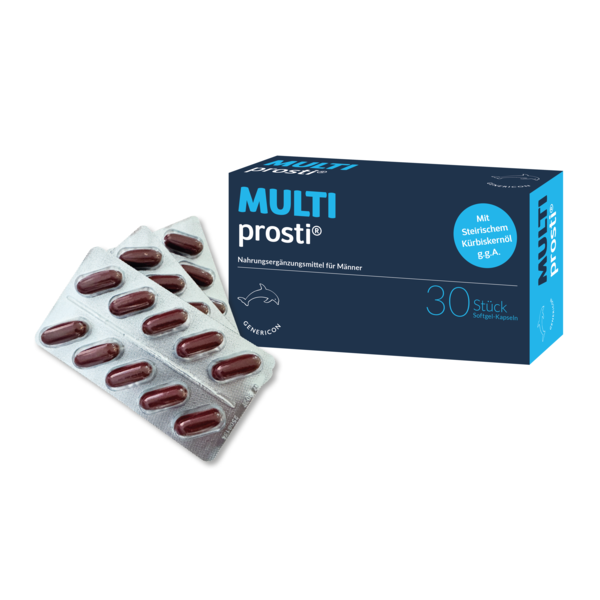 Verpackung von MULTI prosti®, einem Nahrungsergänzungsmittel für Männer, mit Softgel-Kapseln in einer Blisterpackung.