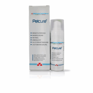 Verpackung und Flasche von Pelcure, einem Hautpflegeprodukt zur Behandlung von Akne, mit Inhaltsstoffen aufgelistet.