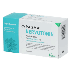 Verpackung von PADMA NERVOTONIN Kräuterkapseln, vegan, zur Unterstützung von innerer Ruhe und Gelassenheit.