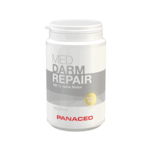 Weißer Behälter mit Schraubverschluss, Inhalt: MED DARM REPAIR, 100 % reine Natur, 100 g Pulver.