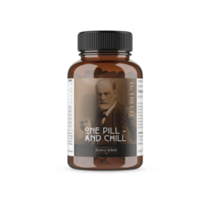 Braune Pillenflasche mit schwarzem Deckel, Etikett zeigt den Text 'ONE PILL - AND CHILL' und ein Bild von Dr. Freud.